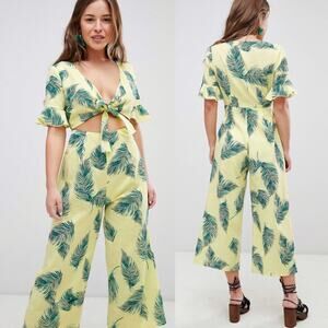 ASOS Tea Linen/Cotton Jumpsuit With Cut Out And Tie Detail in Leaf Print